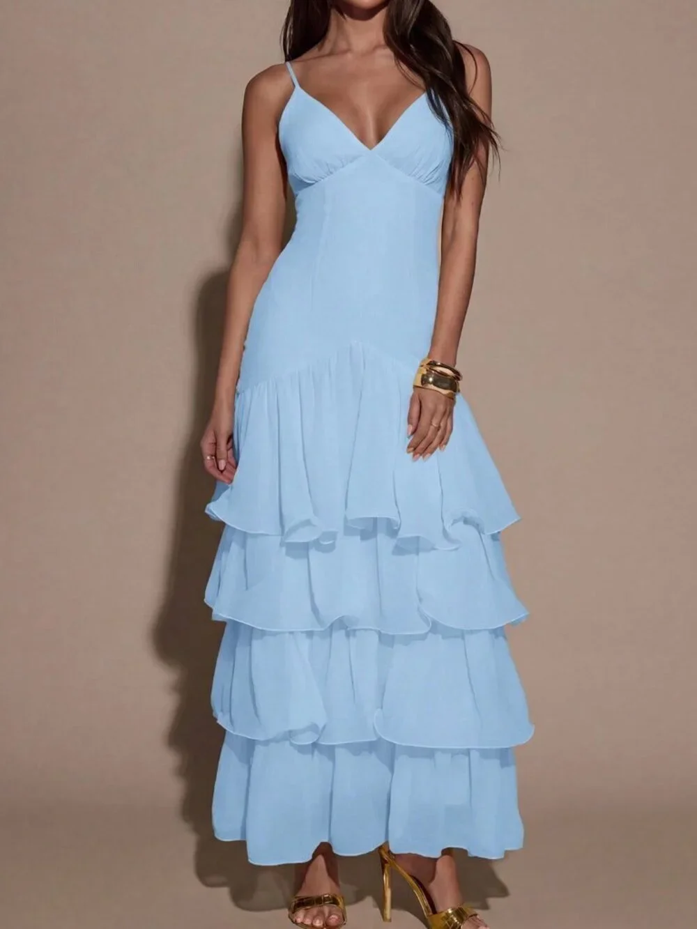 Baby Blue Sexy Women's Ruffled Hem Elegant Spaghetti Strap Dress
